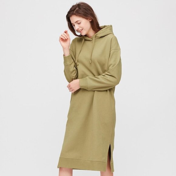 UNIQLO Hoodie Long Sweatshirt Dress Olive Green Small - off duty model vibes! - Picture 1 of 5